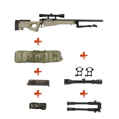 WELL - Pack Sniper MB01C WARRIOR I Tan avec lunette 3-9X40 + Bipied + Sangle + BB loader + housse WELL - Pack Sniper MB01C WARRIOR I Tan avec lunette 3-9X40 + Bipied + Sangle + BB loader + housse
