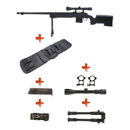 WELL - Pack Sniper MB4416D Noir avec bipied + lunette 3-9x40 + sangle + BB loader + Housse WELL - Pack Sniper MB4416D Noir avec bipied + lunette 3-9x40 + sangle + BB loader + Housse