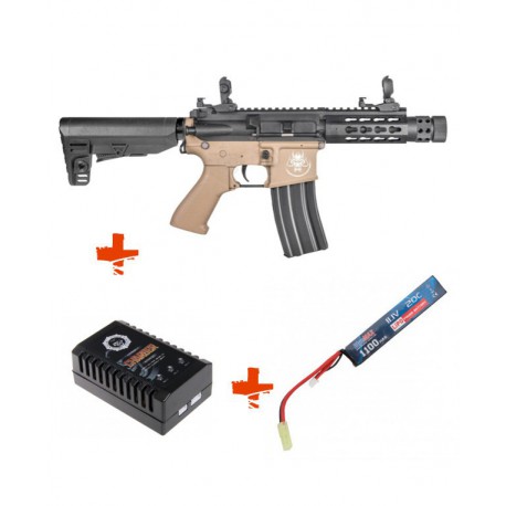 SAIGO DEFENSE - Pack M4 KENJI Court TAN + batterie lipo 11,1V + chargeur de batterie