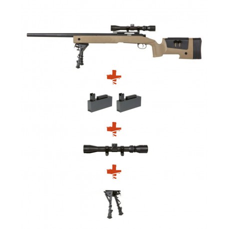 SPECNA ARMS - Pack Sniper SA-S02 CORE Tan avec lunette 3-9x40 + bipied + 2 chargeurs sup