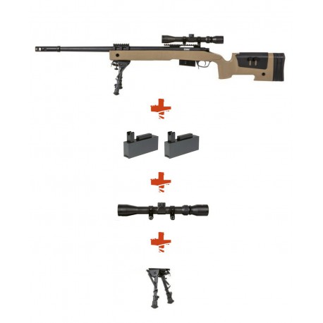 SPECNA ARMS - Pack Sniper SA-S03 CORE Tan avec lunette 3-9x40 + bipied + 2 chargeurs sup