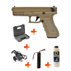 CYMA - Pack Réplique Pistolet Airsoft AEP CM030 Tan + mallette + billes