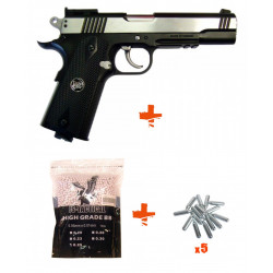 WIN GUN - Pack Réplique Pistolet Airsoft 1911 NOIR/CHROME + billes 0,25gr + Co2