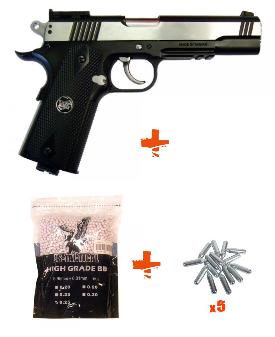 WIN GUN - Pack Réplique Pistolet Airsoft 1911 NOIR/CHROME + billes 0,25gr +  Co2 - Heritage Airsoft