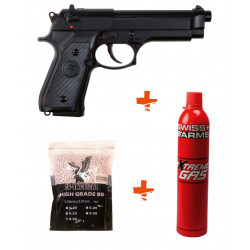 Pack Réplique Airsoft SAIGO 92 Gaz NBB + billes 0,25gr + Gaz