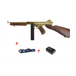 KING ARMS - Pack Réplique Fusil Airsoft Thompson M1928 M1A1 Military - GOLD & BOIS VÉRITABLE
