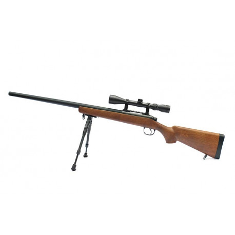 WELL - Pack Réplique Airsoft Sniper MB03 type bois avec lunette 4X32 + Bipied 