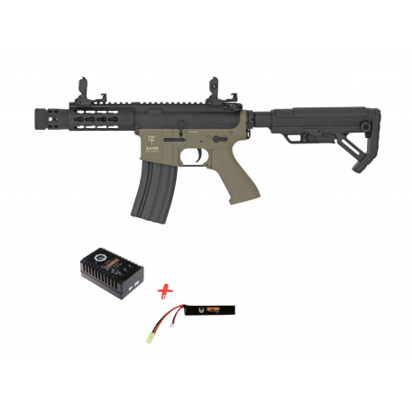 SAIGO DEFENSE - Pack M4 KENJI Court TAN + batterie lipo 11,1V + chargeur de batterie