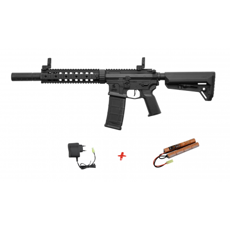 LANCER TACTICAL - Pack Réplique Fusil Airsoft AEG M4 LT-15CB GEN2 M4 SD NSR - Noir