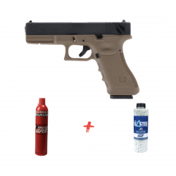 WE - Pack Réplique Pistolet Airsoft G18C Gen 3 GBB Gaz - semi/full auto - TAN