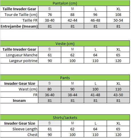 Size Guide for Invader Gear - Heritage Airsoft